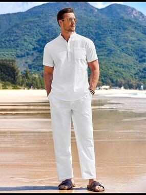 Men's White Linen Blend 2-Piece Matching Set Shirt & Pants Size Small NWT/New